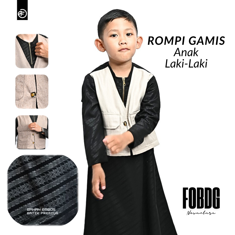 FOBDG Gamis Jubah Anak Laki Laki Ber rompi menyatu HItam Lengan Panjang Baju Lebaran Couple
