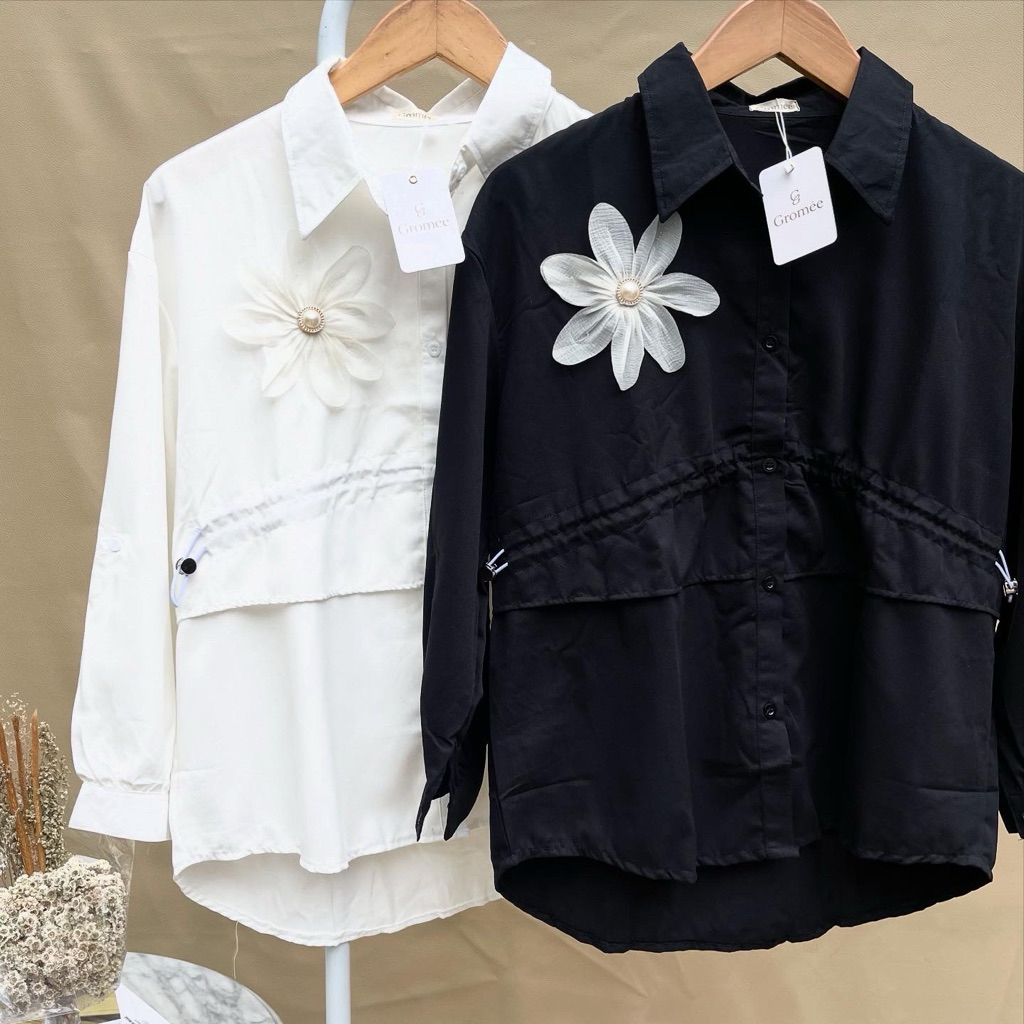 Kemeja atasan wanita serut nyaman polos hitam putih adem Gromee