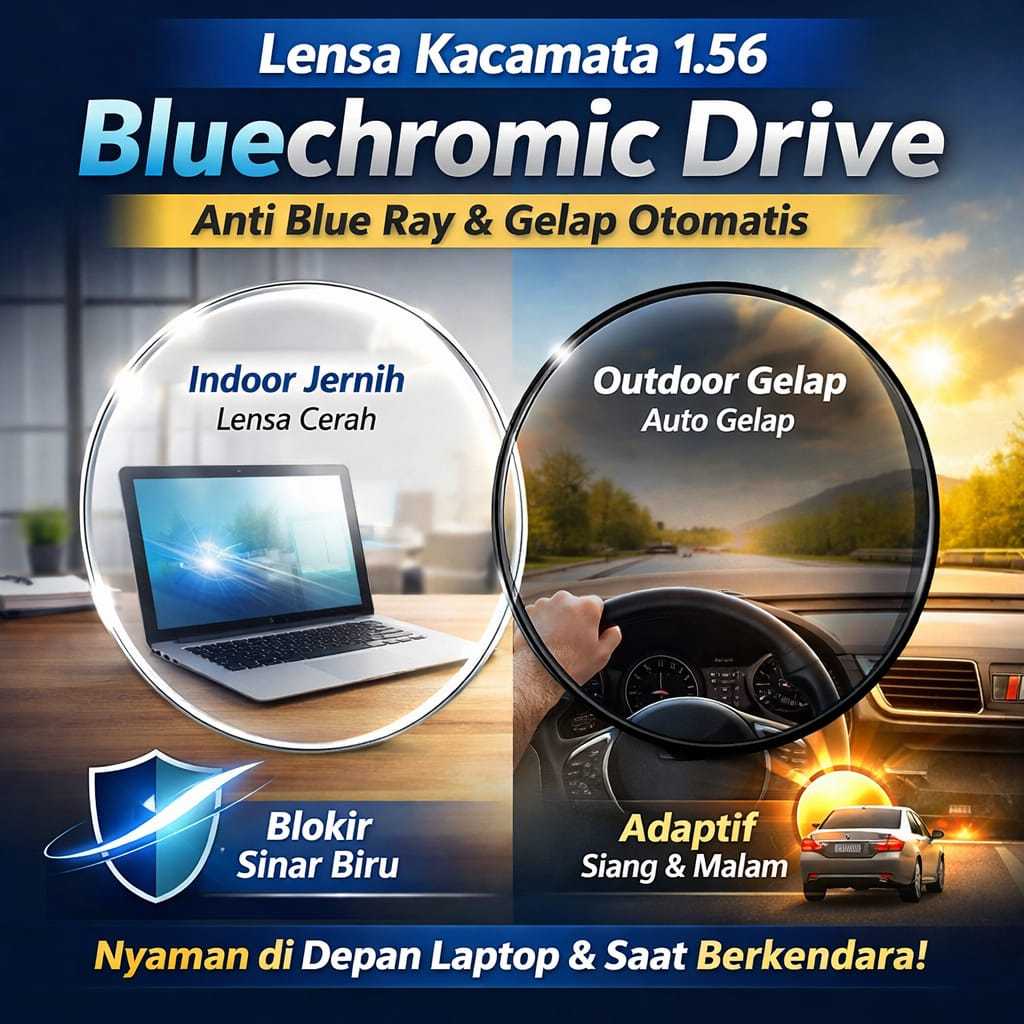 Lensa kacamata  Bluechromic Drive Anti blueray,Indoor Jernih, Outdoor Gelap Garansi 2 Tahun NOYA