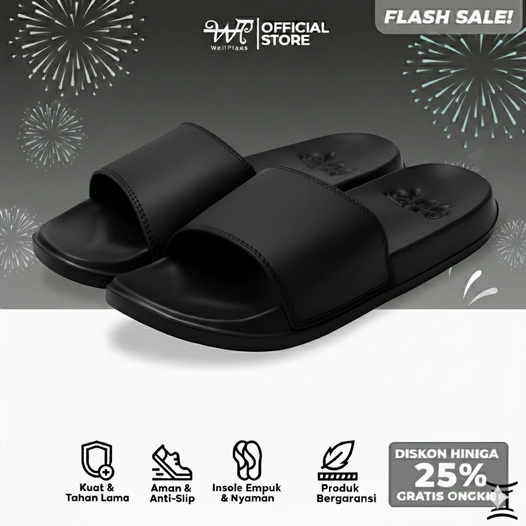 Wellplans - Sandal Slop Pria Hitam Polos Upper Lock Premium