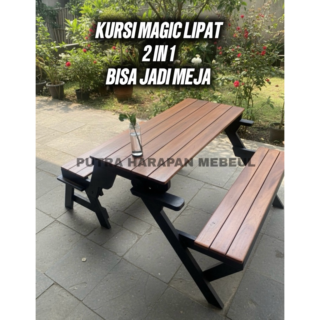 Kursi Magic Lipat 2 in 1 Jadi Meja Taman Kayu Minimalis  Meja Cafe Lipat Multifungsi Magic Bench Por