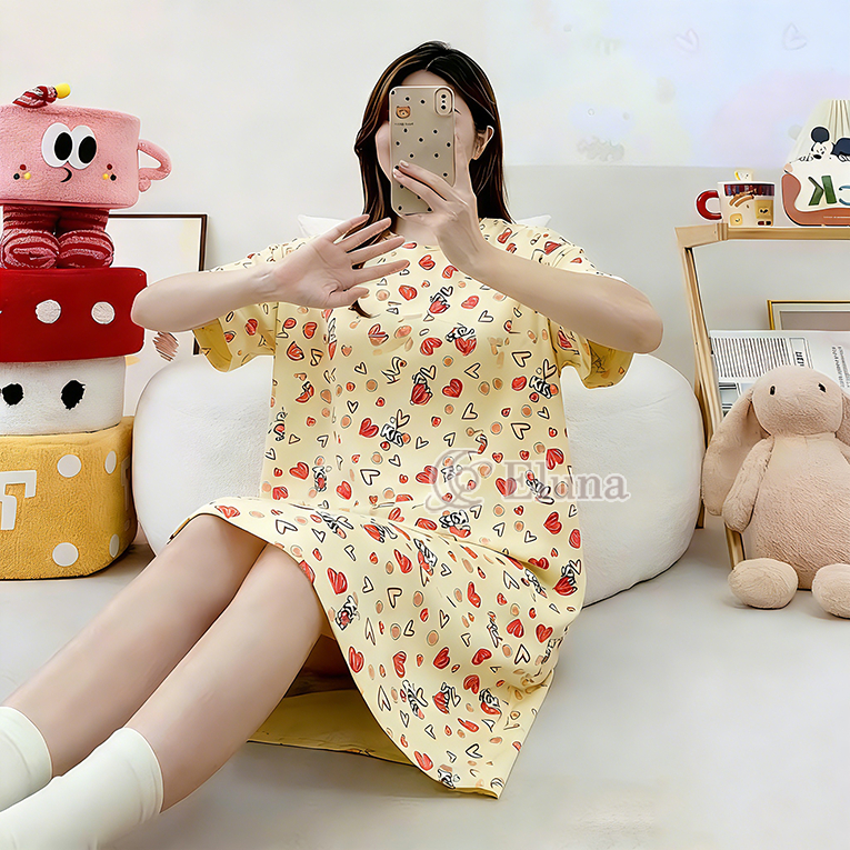 Eluna Daster Kaos Korea Motif Love Kiss Viral | Baju Tidur Wanita Jumbo Kekinian Katun Tebal Adem