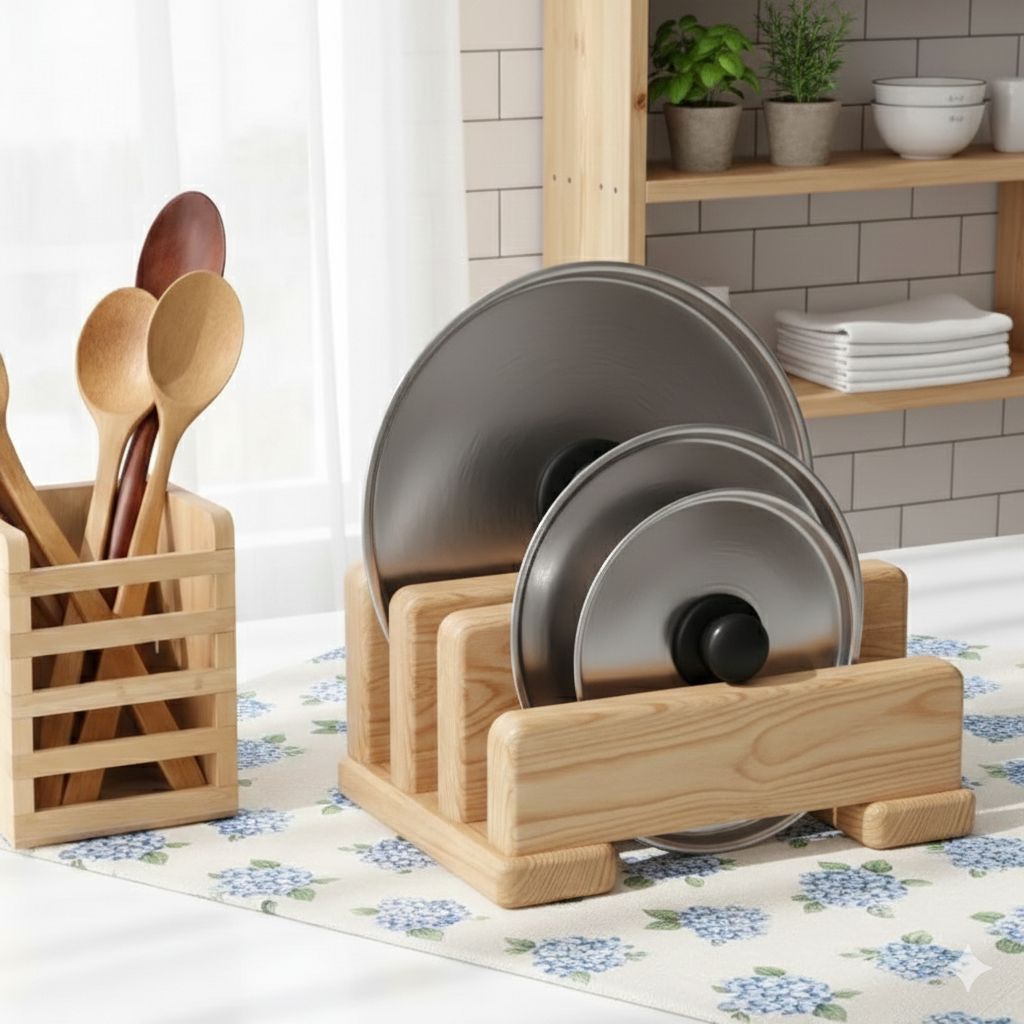 Rak piring Kayu Aesthetic Susun Isi 4 Rak Tutup panci Kayu Rak Serbaguna