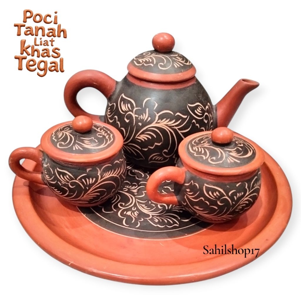 Poci Tanah Liat Set Batik Cangkir 2 Poci Full Batik