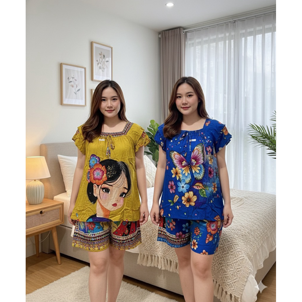 Setelan Lie Ing / Dipakemama Celana Pendek Tangan Susun Baju Tidur Hotpant Batik Lie Ing TS Print Uk