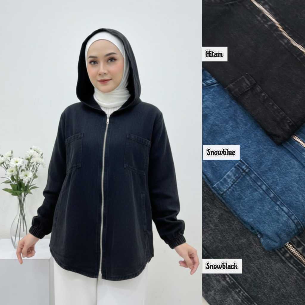 Outer Denim Hoodie Wanita Panjang Resleting – Jaket Jeans Casual Kekinian
