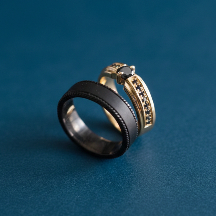 Yuke Jewelry - Cincin Kawin/Couple Bahan Emas - Platinum - Palladium - Perak Finishing Gold & Black