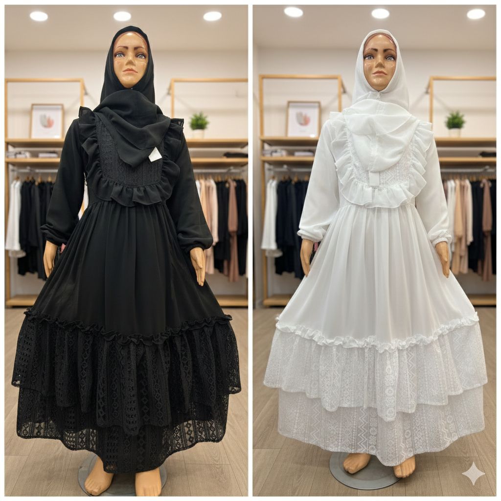 Gamis anak perempuan , warna hitam dan putih bahan sruty mix brokat usia 6-11 thn