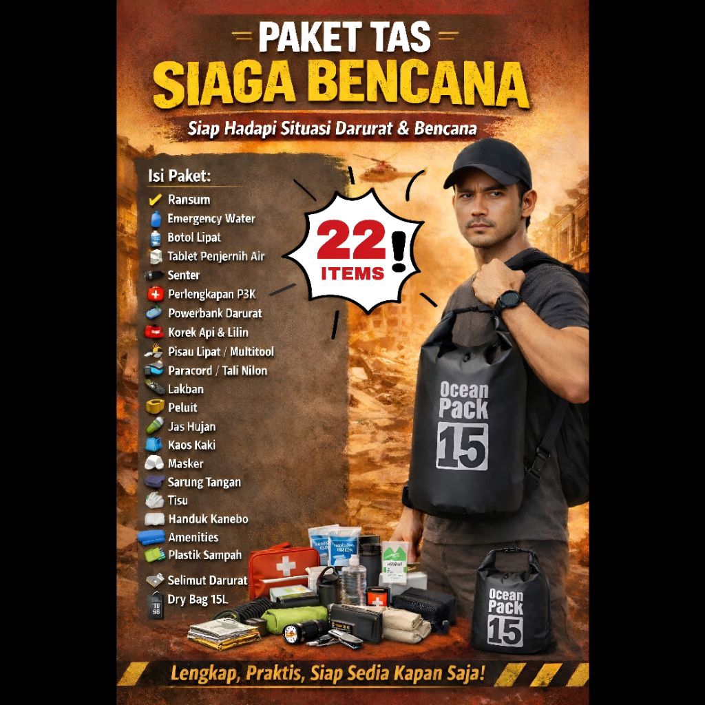 TAS SIAGA BENCANA EMERGENCY BAG WATERPROOF DRYBAG 15L + PERLENGKAPAN  SURVIVAL KIT