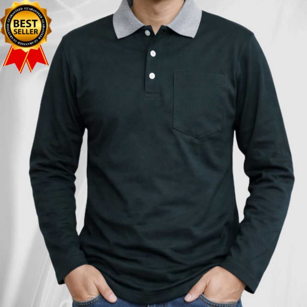 BAJU KAOS KERAH POLOS PRIA LENGAN PANJANG ADA SAKU II JAHITAN KAOS RAPI DAN BERSIH II BAHAN KAOS BER