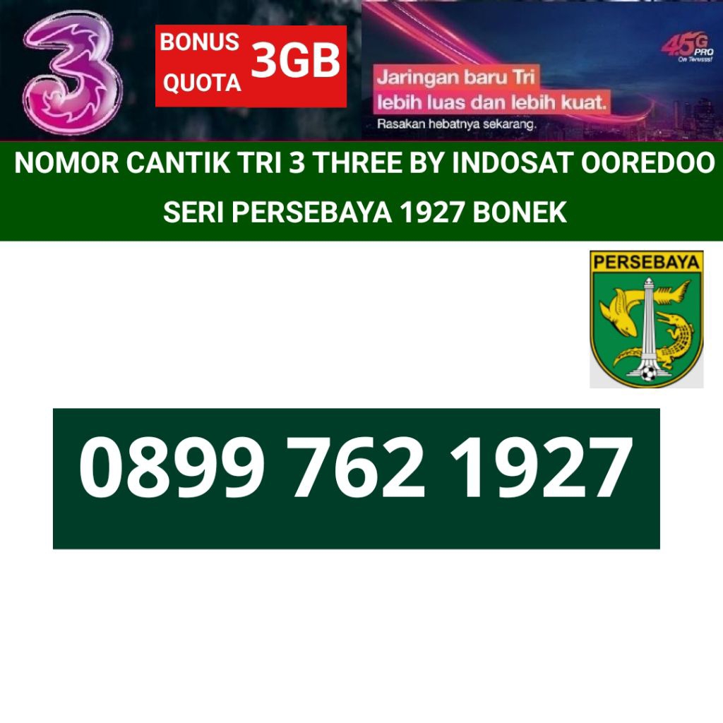 PERSEBAYA 1927 BONEK nomor cantik tri 3 three by indosat ooredoo nomer kartu perdana