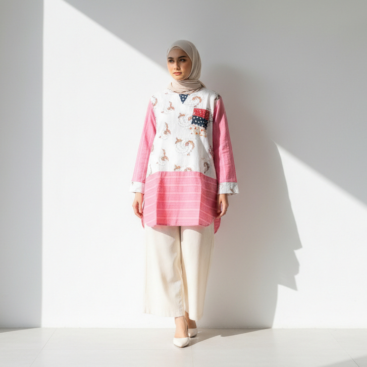 Tunik Wanita Shabby Chic - Blouse Patchwork Kombinasi Floral & Polkadot Bahan Katun Bangkok