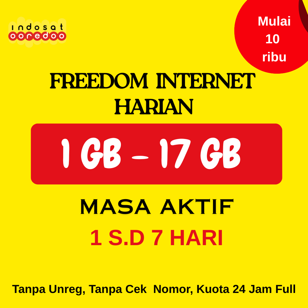 Paket Data Indosat IM3 Mini Kuota 1,2,3,4,5,6,7,8,9,10,11,15,17 gb Internet Full 24 Jam, Berlaku 1 s