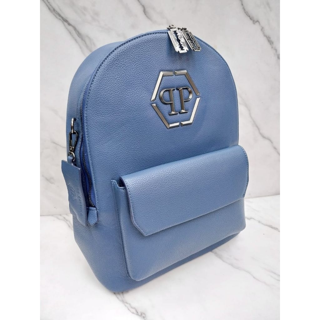 RANSEL BAGPACK BRANDED PRIA P PLEIN 1159 BLUE LEATHER MIROR