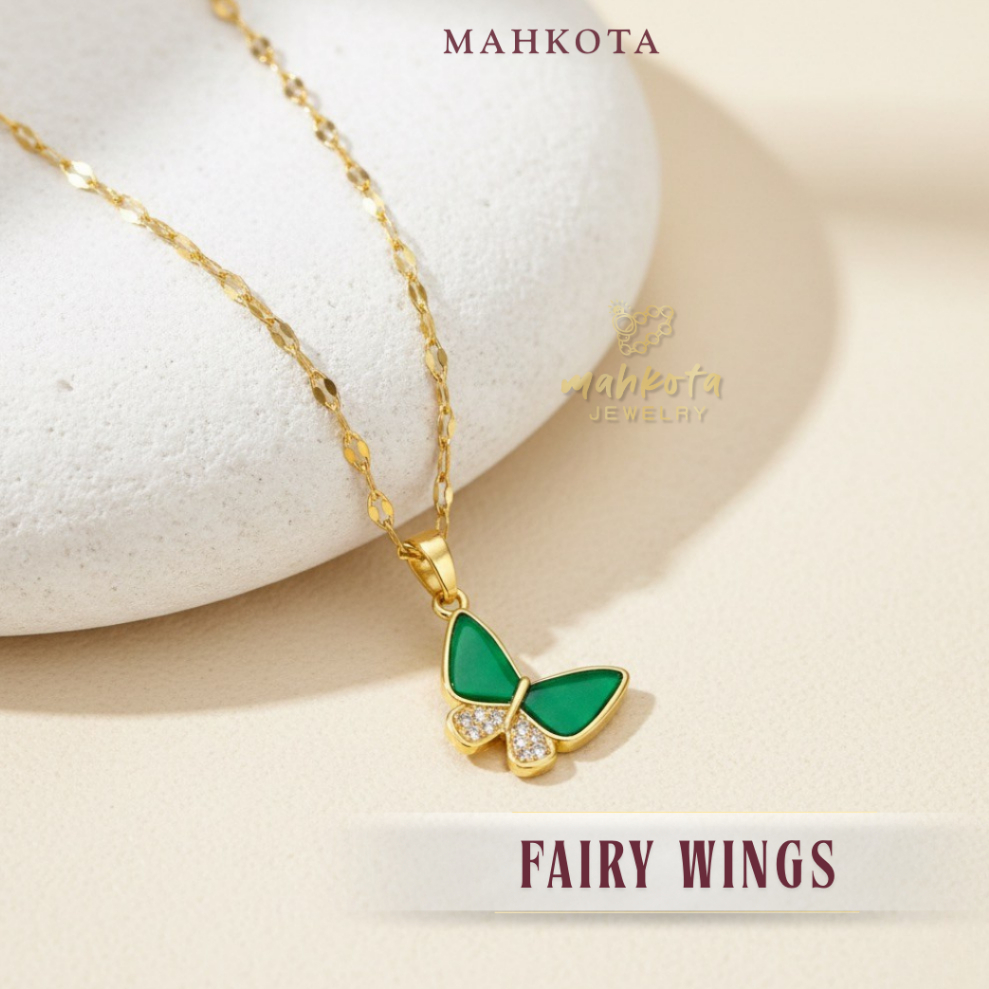 K53 Kalung Wanita Korean 6 Lapis Pelapisan Emas 18KGP • Liontin Green Butterfly • Anti Karat Anti Lu