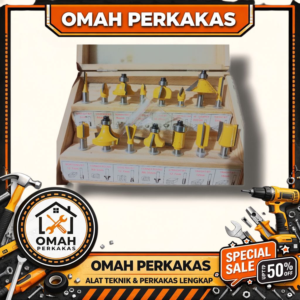 Set Mata Router Kayu (Router Bit Set) 15 Pcs - Shank 1/4" (6.35mm) dengan Kotak Kayu