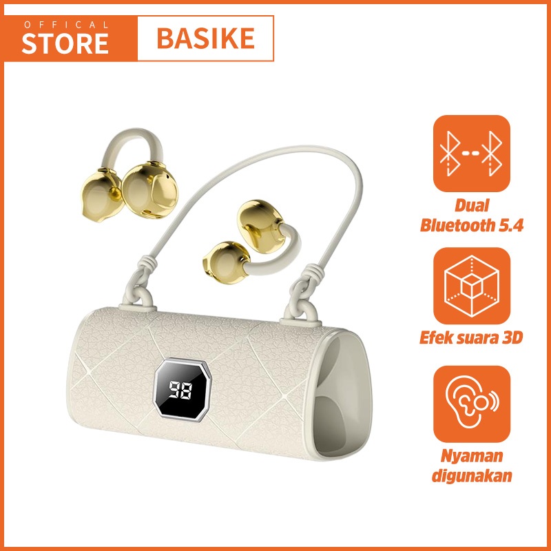 [TAS?]BASIKE Headset Bluetooth 5.4 Klip Semi-in-Ear TWS Wireless Earphone HiFi Stereo Bass LCD Sport