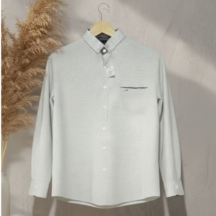 Kemeja TOPTEN Size L – Putih Abu Motif Micro Dot | Lengan Panjang Casual