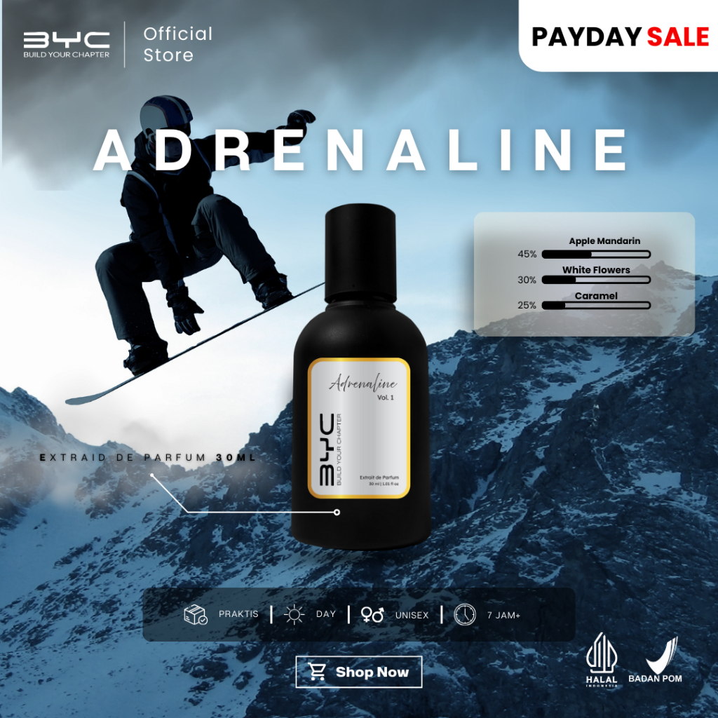 BYC Parfum Adrenaline Extrait De Parfume 30ml | Parfum Olahraga | Parfum Sport Unisex Tahan Lama