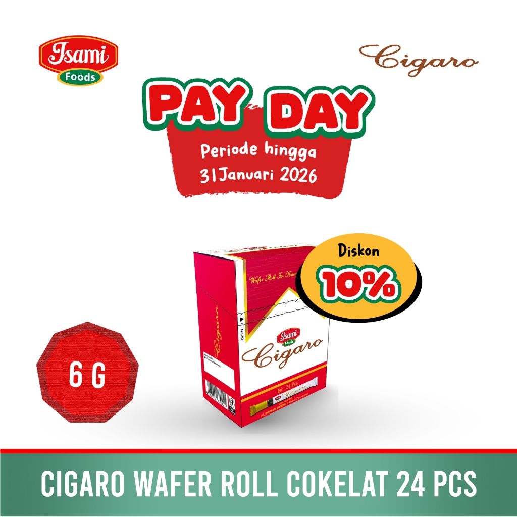 [ISAMI FOODS] Cemilan Enak Cigaro Wafer Roll Isi Krim Cokelat 6 gr x 24 pcs