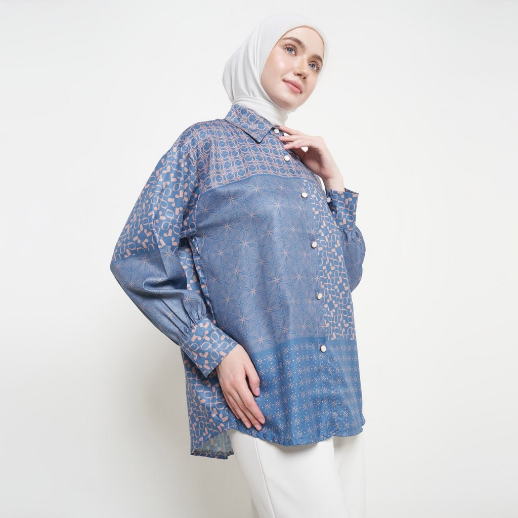 ASK - Atasan Wanita Lengan Panjang Kemeja Muslim Wanita Motif Printed Kemeja12
