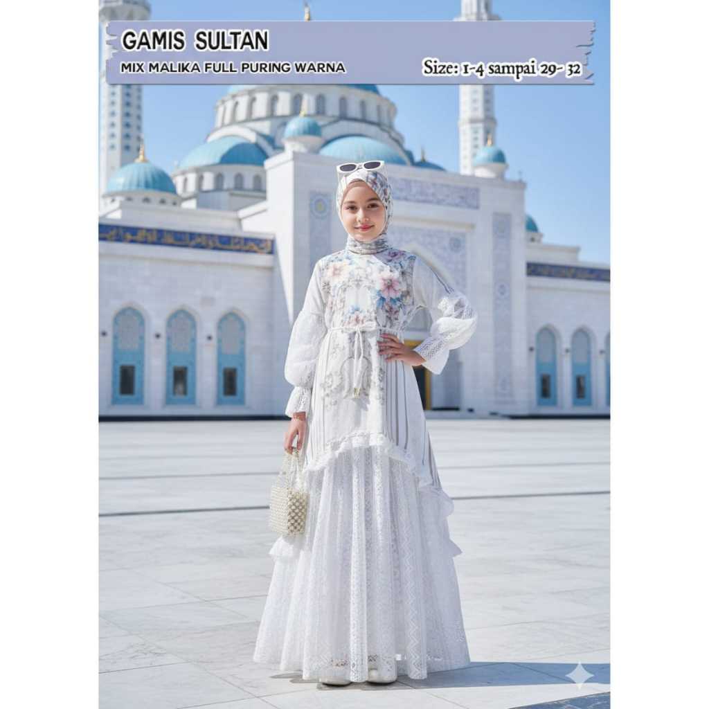 Gamis Aisyah Motif Sultan  Mewah Lengan Brukat Cantik Bahan Ceruty Mix Brukat Anak Perempuan Usia 3-