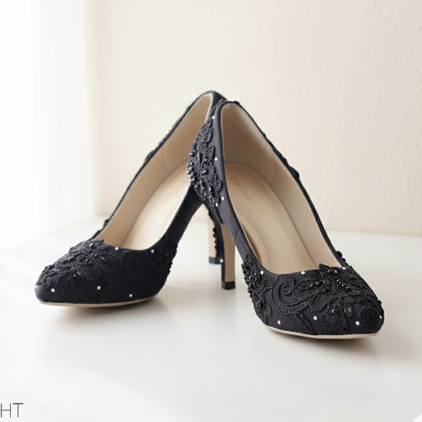 SLIGHT Sepatu Pointed Brukat Hitam Lace Wedding Shoes High Heels Payet | Sepatu pesta kondangan | We