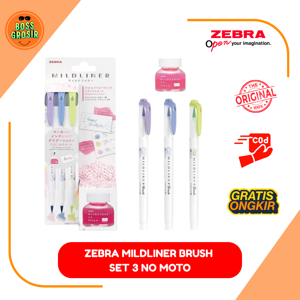 Boss Grosir - ZEBRA MILDLINER BRUSH SET 3 NO MOTO 1PC - Mildliner Set 3 Plus Tinta Mildliner & Mildl