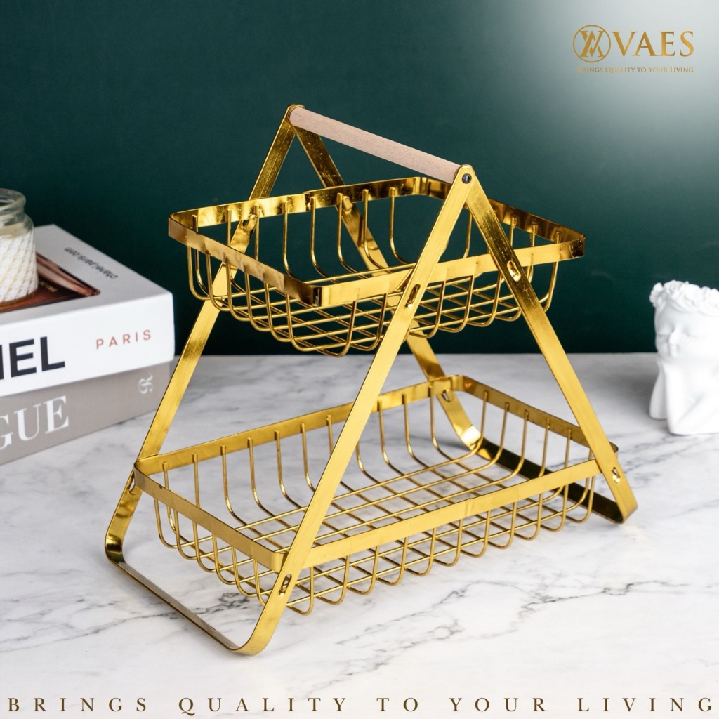 [VAES] Rak Keranjang 2 Tingkat Emas D Basket Gold 2 Susun Cemilan Organizer Dapur Ruang Tamu Sultan