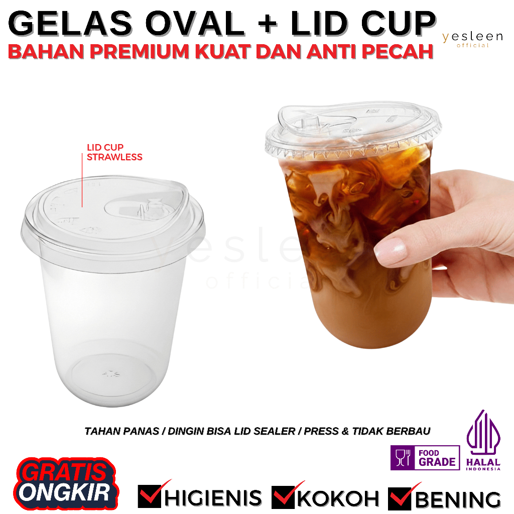 (50PCS) Gelas Plastik PP OVAL Plus Tutup Gelas PET Plastik Strawless Lid Cup 95mm | Cup Oval + Tutup