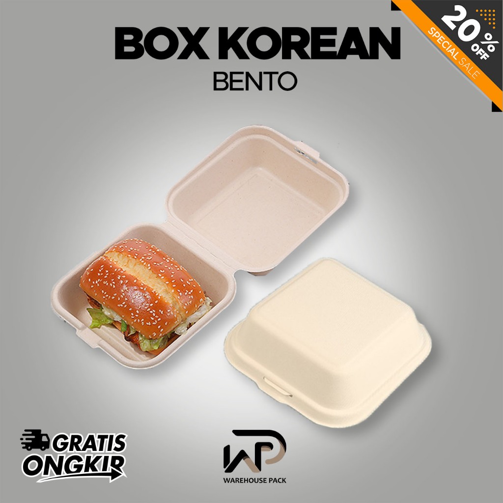 Korean cake lunch box | Bagasse Bento Box | Bagasse Burger Box | Box Burger Clamshell 6 Inch