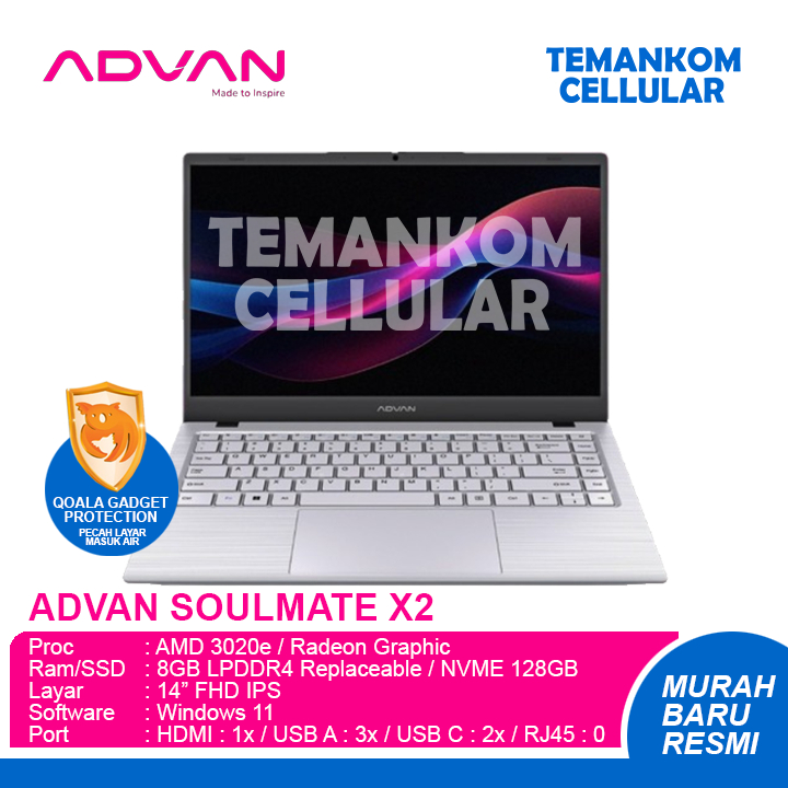 LAPTOP ADVAN SOULMATE X2 RAM 8GB 128GB SSD AMD garansi Resmi