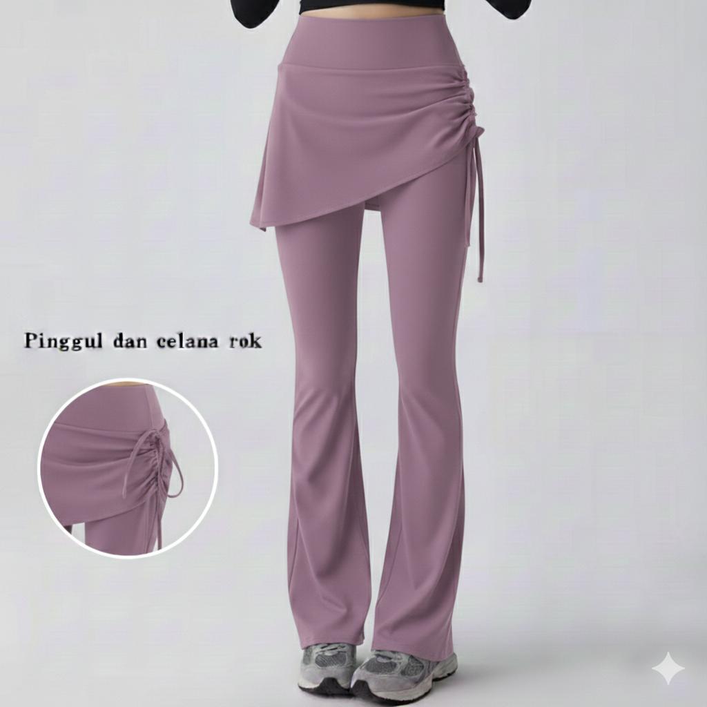 2-in-1 Legging Rok Celana Olahraga Wanita Tali Serut Samping/ Legging Rok Celana Cutbray Terbaru