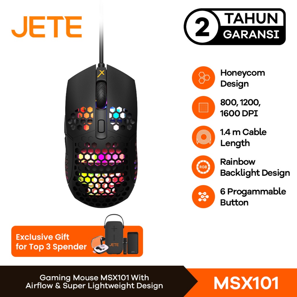 Mouse Gaming JETE MSX101 Mouse Kabel 1600 DPI Game Wired Optical Mouse Game Cool LED RGB USB Cable P