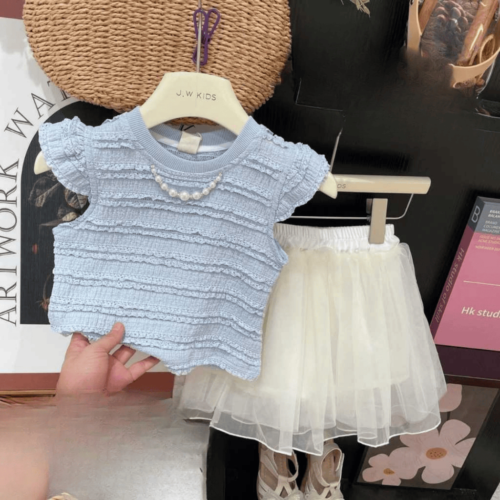 [1-7 Tahun]  Setelan Anak Perempuan Impor Biru Laut – Baju Rajut Mutiara + Rok Tulle Putih Cantik