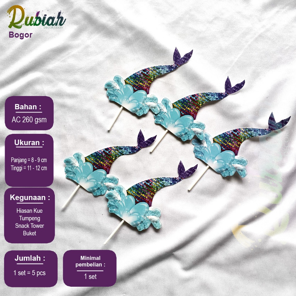 Banner Topper cake Hiasan Tusukan Kue Tart Ulang Tahun Anak Ekor Mermaid Rainbow