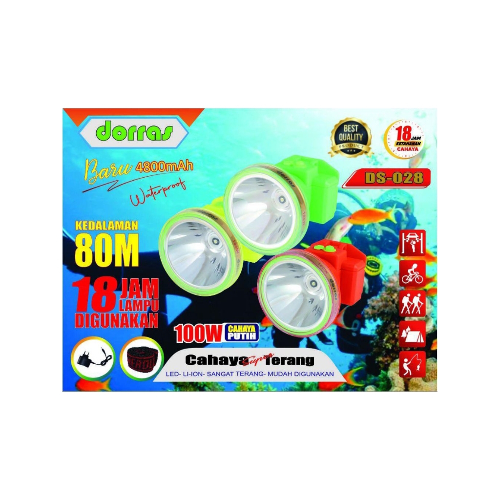 Senter Kepala Selam 100W Cahaya Putih DS 028 Plus Dorras/Senter Kepala Selam Waterproof Dorras D...