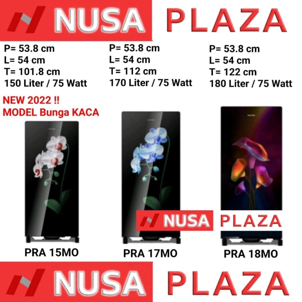 KULKAS POLYTRON 1 Pintu PRA 15 / 17 / 18MO W/B/TR MODEL PINTU KACA NEW 2022