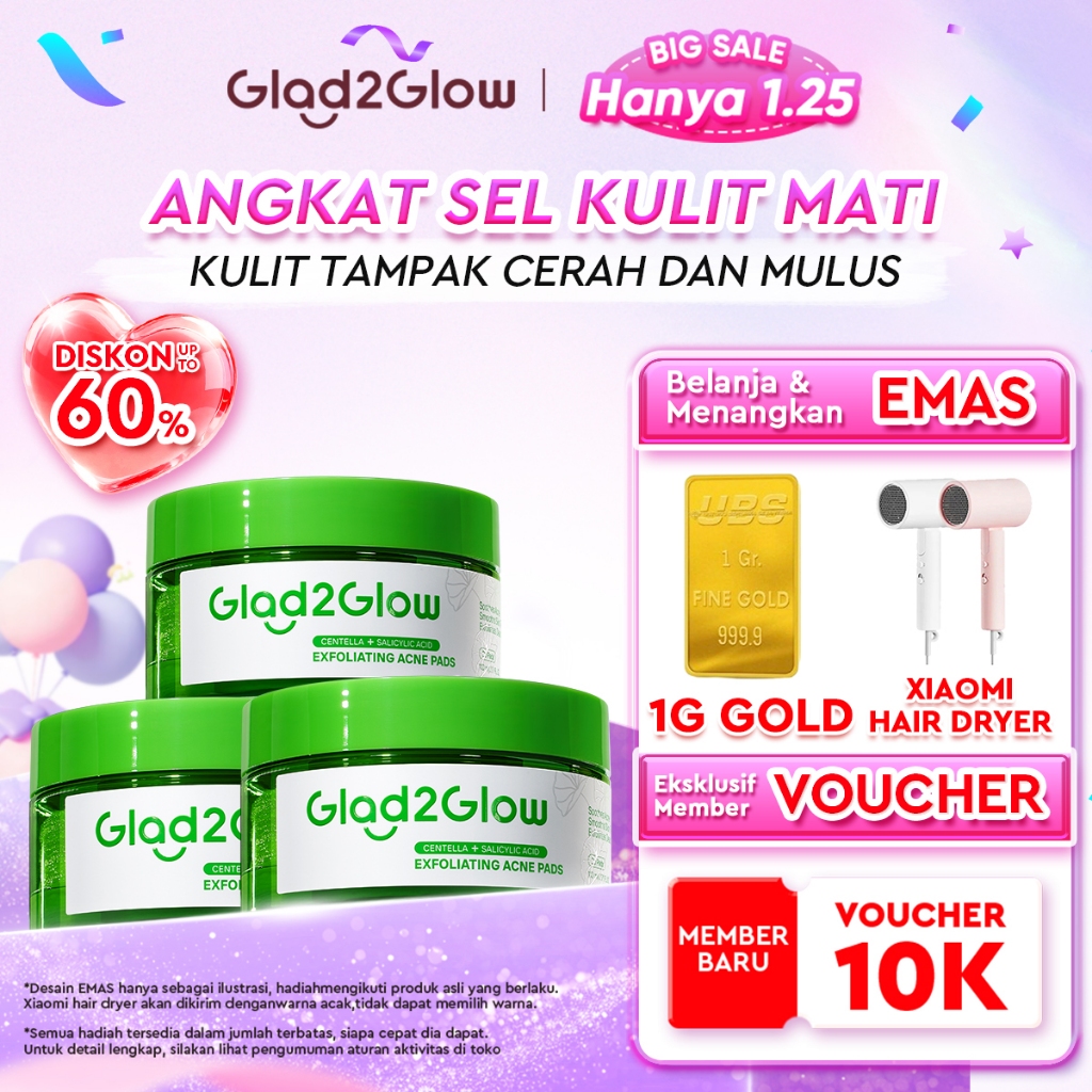 Glad2Glow Centella Salicylic Acid Exfoliating Acne Toner Pads Gentle Eksfoliasi Kulit Jerawat Kulit 