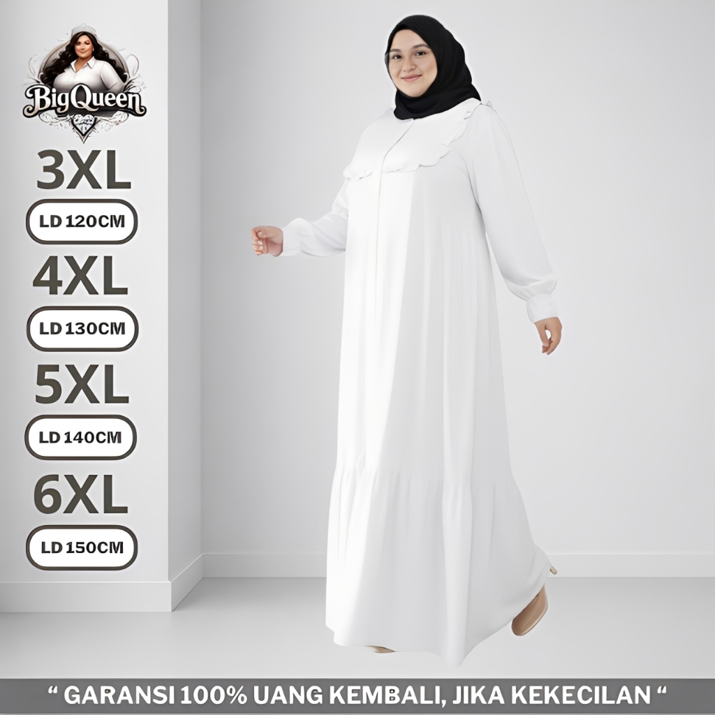 Gamis Dress Putih Lebaran Jumbo LD 120 130 140 150 Crinkle Premium Baju Muslim Abaya Mewah Elegan