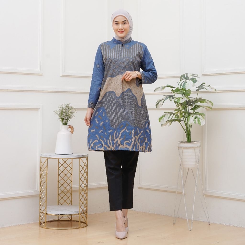 Tunik batik  Wanita Modern Atasan Lengan Panjang Seragam Kantor Guru Perempuan Kerja Kantoran Katun