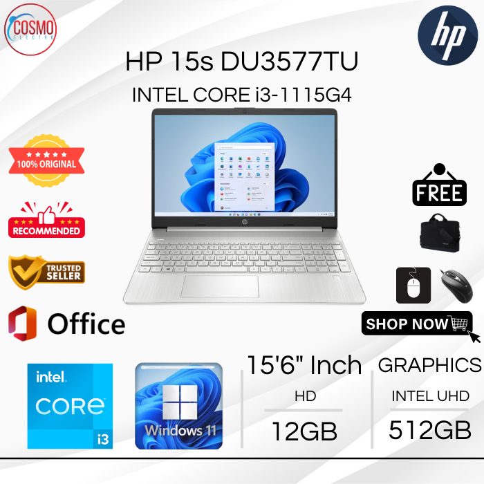 HP 15s DU3577TU INTEL CORE i3-1115G4 | 12GB RAM 512GB SSD | 15'6 INCH WINDOWS 11 + OFFICE | BONUS TA