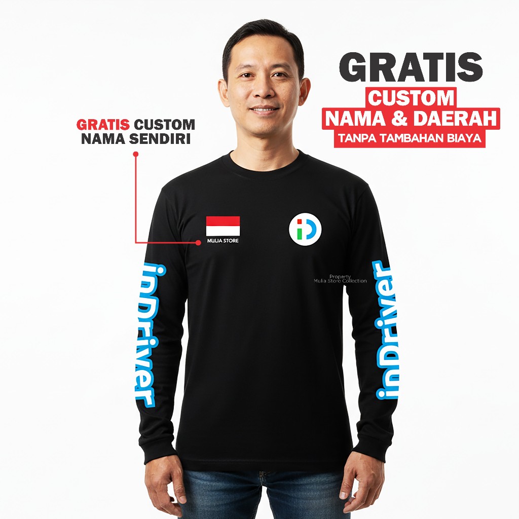 Kaos Pria Lengan Panjang Cotton Combed 30s Premium Bebas Custom Nama Logo Komunitas INDRIVER