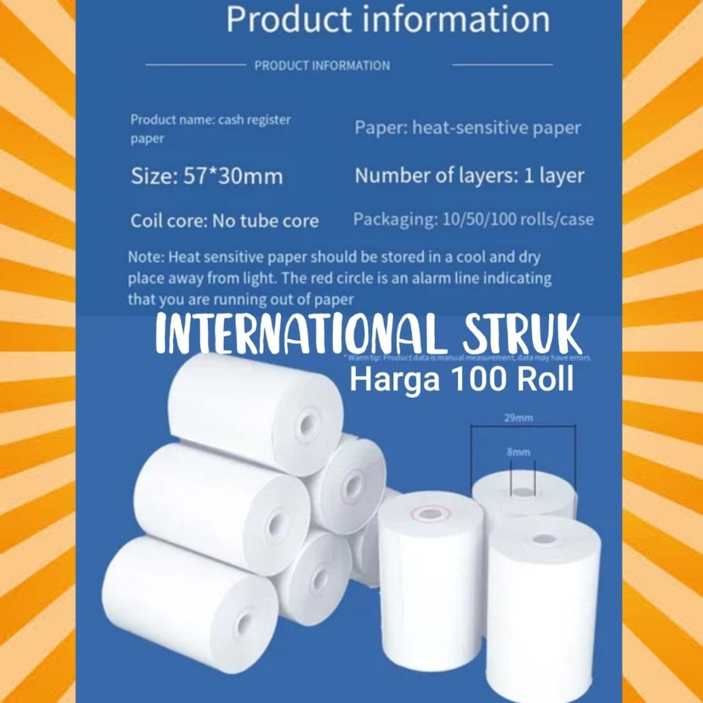 100 ROLL KERTAS STRUK THERMAL PAPER ROLL 58MM STRUK EDC MINI PRINTER BLUETOOTH