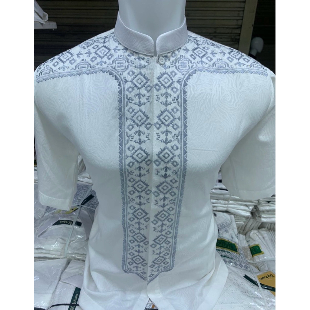 Koko Putih BW Bordir Full,Kemeja Koko Tangan Pendek Bahan Katun Jaguar-Koko Tanah Abang-Koko pasar T