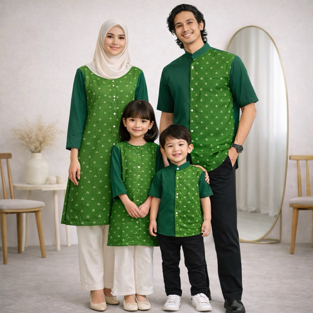 Seragam Baju Lebaran Keluarga Batik Hijau Dayardhi | Tunik Batik Lebaran 2026 Bisa Custom
