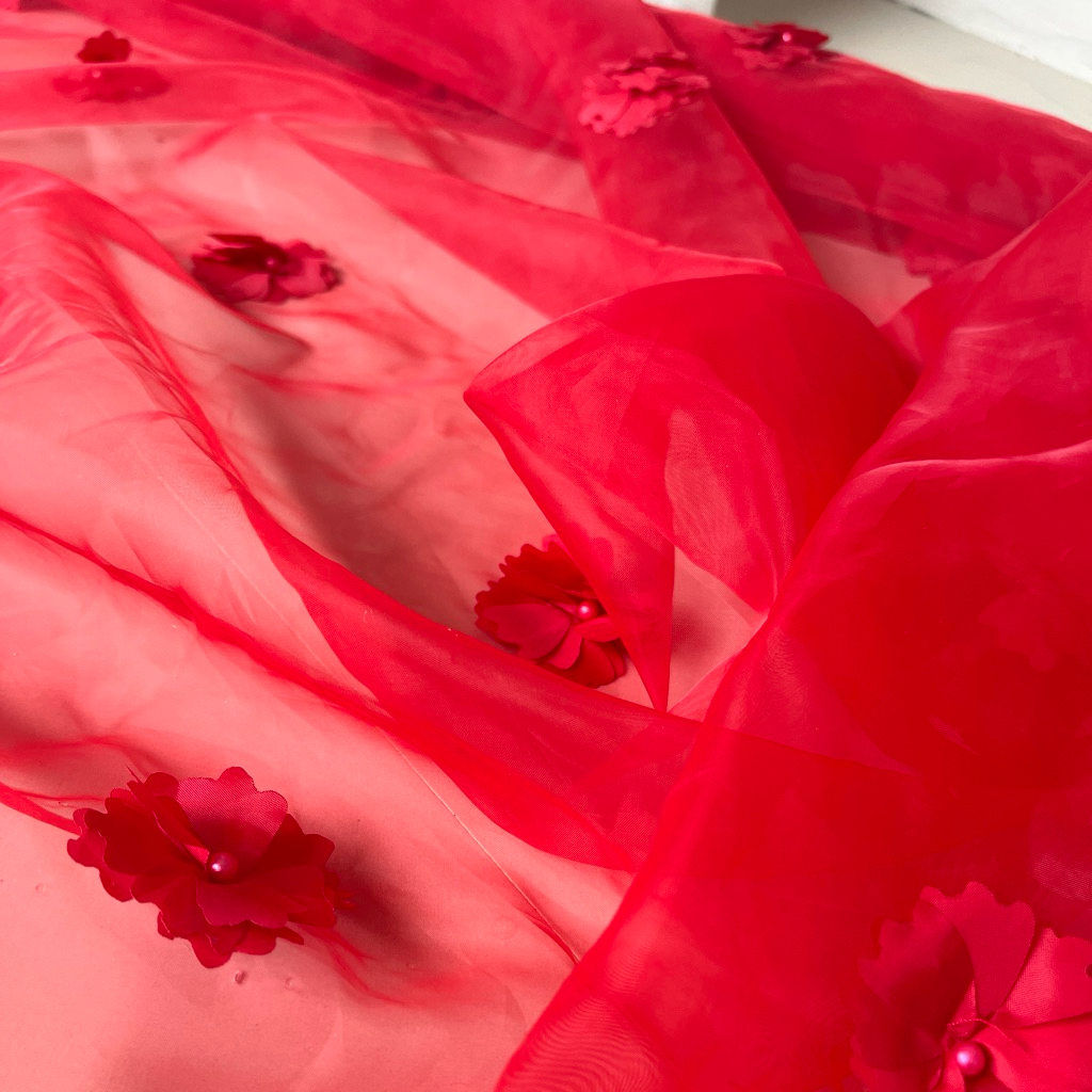 Kain Organza 3D Pearl / Organza Mutiara / Organsa Motif Bunga Timbul