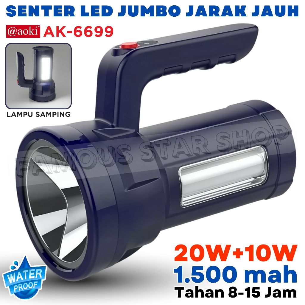 AOKI Senter Tangan Led Super Terang AK-6699 20Watt Best Seller Senter Led Jumbo Cas Ulang / Senter K