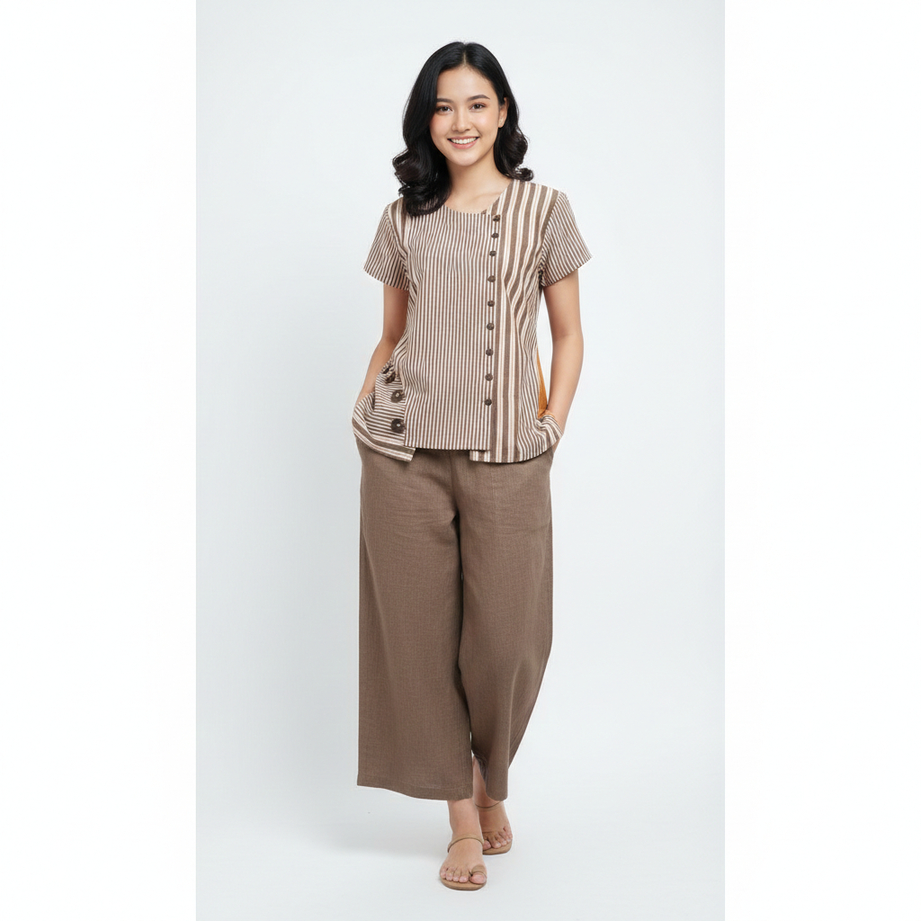 Blus Tenun Lurik warna Coklat dengan aksen kancing lengan pendek