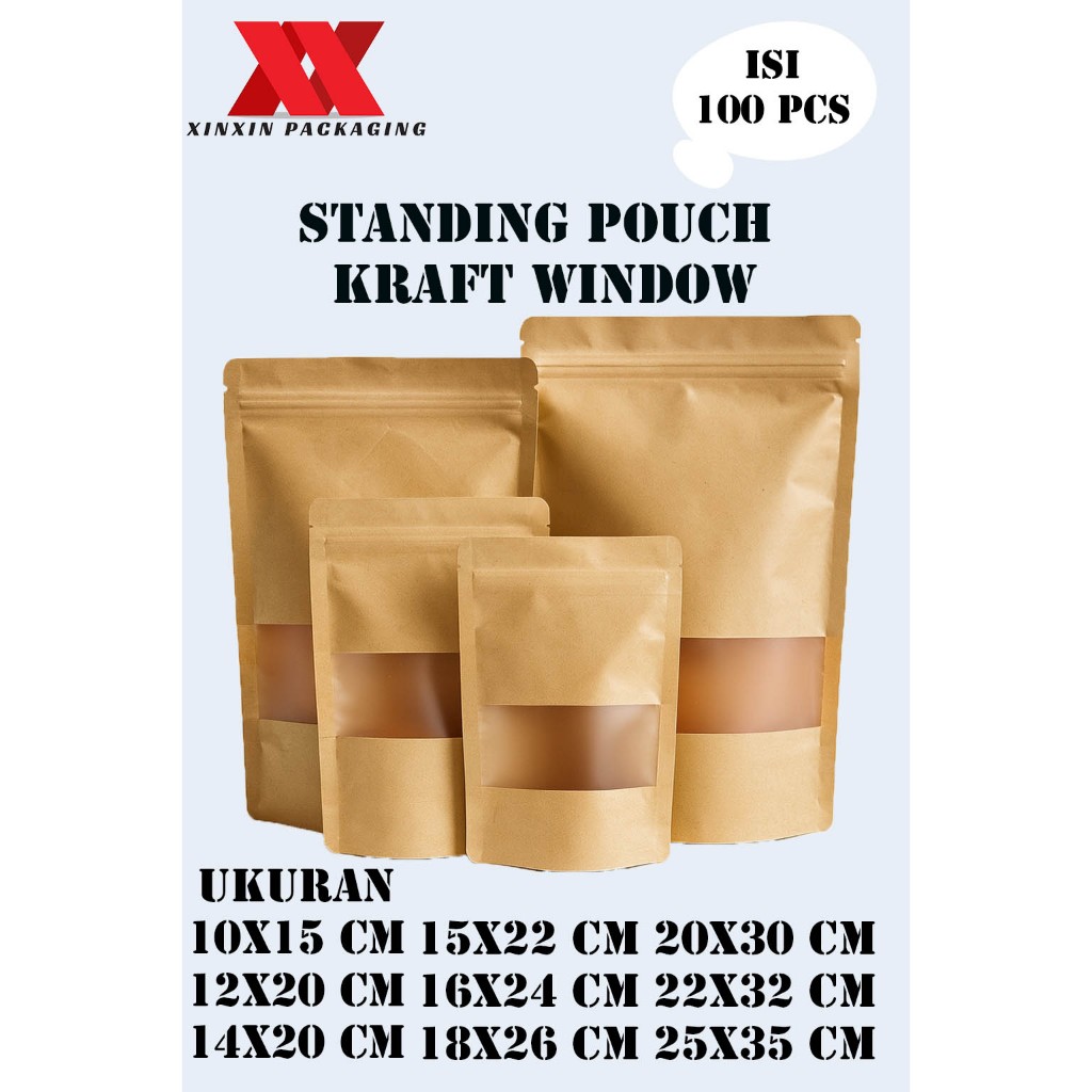 100 PCS STANDING POUCH Kemasan Makanan Kemasan Snack Standing Pouch Kraft Paper window